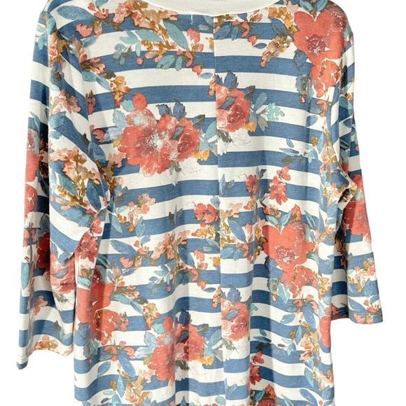 Moa Moa Plus Size 2X Blue & White Striped Floral Relaxed Fit Top Twist Hem EUC - Picture 5 of 12